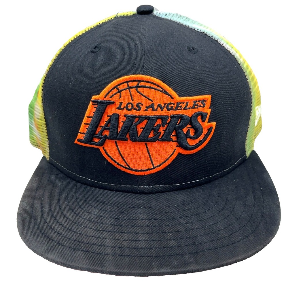 Los Angelos Lakers Hat Cap Snap Back Black Yellow Trucker Mesh Flat Bill 9Fifty*
